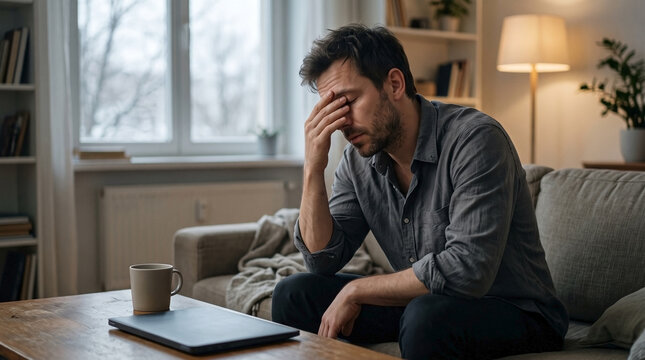 Tired man resting on sofa with closed laptop. Stressed male freelancer experiencing burnout and headache in living room