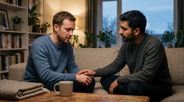Two men having a supportive conversation on a sofa in a living room. Friend comforting a sad man by holding his hands during an emotional discussion