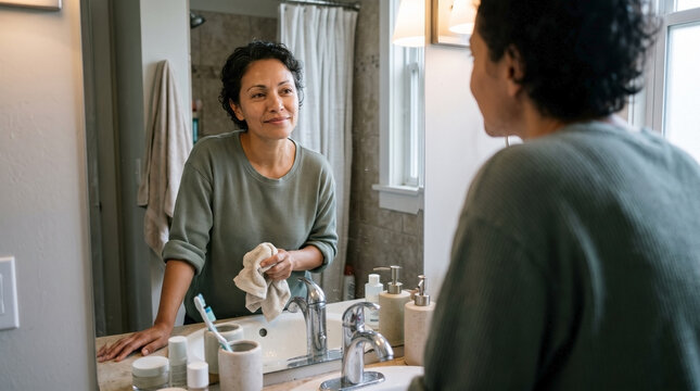 Smiling middle aged woman looking at her reflection in bathroom mirror. Female holding towel at vanity sink during morning skincare routine. Self care and positive body image concept
