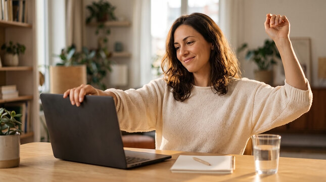 Smiling woman closing laptop after finishing work. Happy female freelancer stretching at home office desk