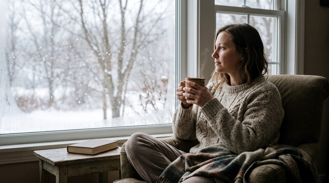 Woman holding steaming mug and watching snow through window. Female relaxing in armchair with knit sweater and blanket