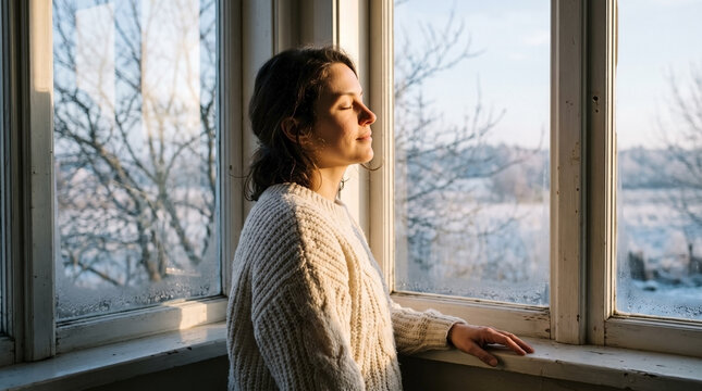 Woman standing by a window with closed eyes enjoying morning sunlight. Female wearing a cozy knitted sweater looking at a snowy winter landscape