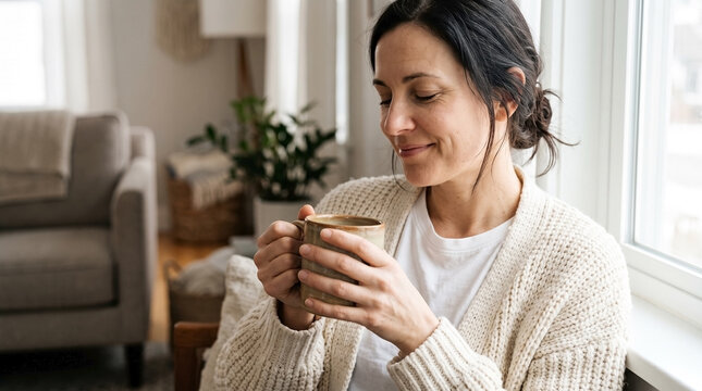 Smiling woman holding a ceramic mug by a bright window. Female adult relaxing at home with a hot beverage in a cozy knit cardigan. Morning coffee lifestyle concept
