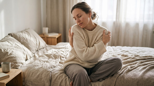 Caucasian woman hugging herself while sitting on a bed with closed eyes. Female relaxing in a cozy bedroom wearing a knit sweater. Self care and mental wellbeing concept