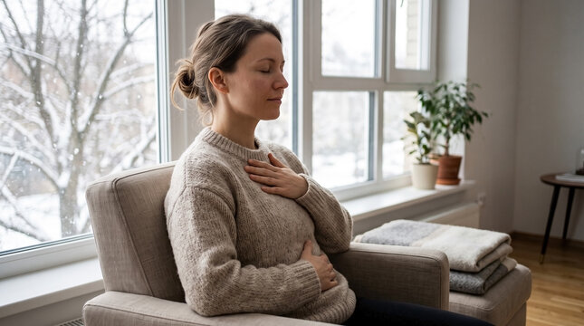 Woman practicing mindful breathing with eyes closed by a window. Female sitting in an armchair with hands on chest and stomach for mental health wellness