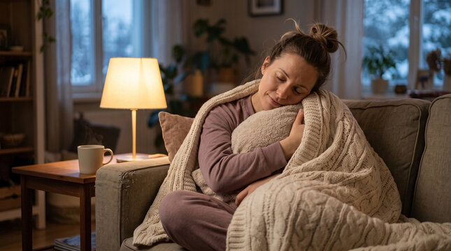 Woman resting on a sofa wrapped in a knitted blanket hugging a pillow. Female relaxing in a cozy living room with a hot drink on a winter evening