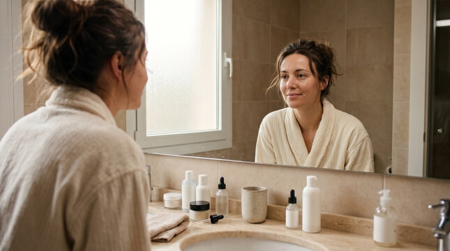 Young woman in a bathrobe smiling at her reflection in a bathroom mirror. Morning skincare routine concept with cosmetic products on the counter