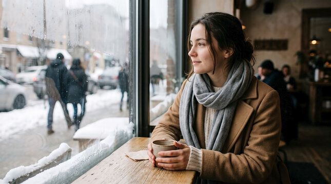 Young woman sitting in a cafe looking out the window at a snowy street. Female customer holding a hot coffee mug watching pedestrians in winter