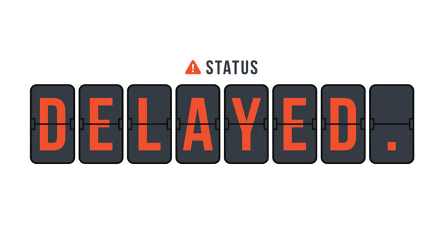 Flight status delayed split-flap display board vector illustration isolated on white background. Airport schedule schedule notification banner concept.