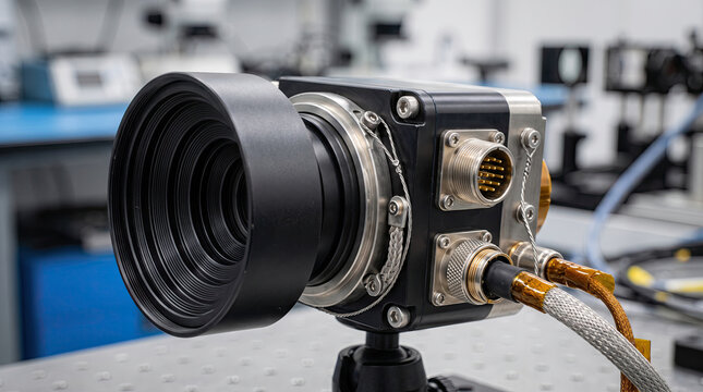Space qualified camera with lens hood connectors and braided cable on bench
