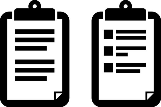 simple classic clipboard icon set of 2 black and white vector isolated on transparent background