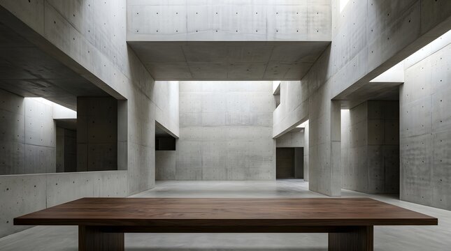 Minimalist interior with wooden table and stark architectural concrete elements