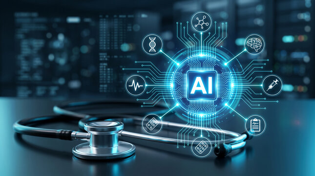 A stethoscope and AI interface symbolize the integration of technology and healthcare, representing innovation and digital transformation in medicine