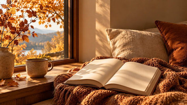 Premium autumn reading corner by window with open book mockup, ceramic mug, cozy knit blanket, and scenic fall lake view