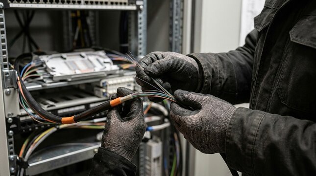Fiber optic cable held in gloved hands by technician, broadband installation and telecommunications