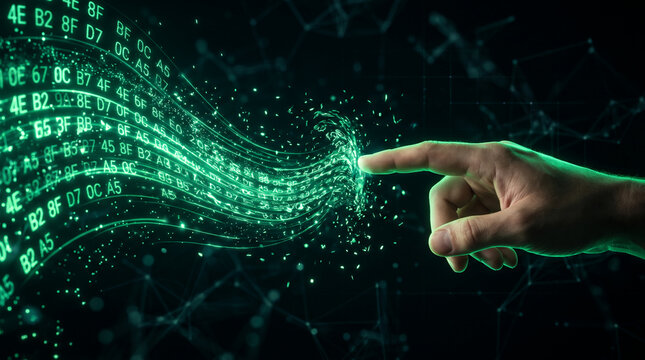 Hand interacting with glowing green digital data streams, symbolizing innovation, technology, and the digital future, representing data flow and connection