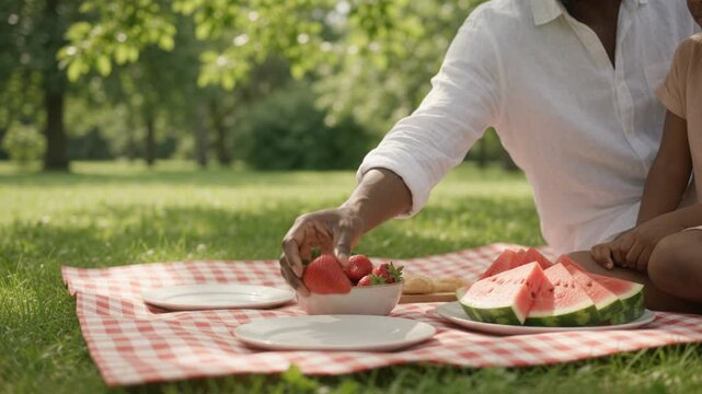 African American Family Celebrating Juneteenth with Fresh Strawberries and Watermelon at Summer Picnic in Sunny Park