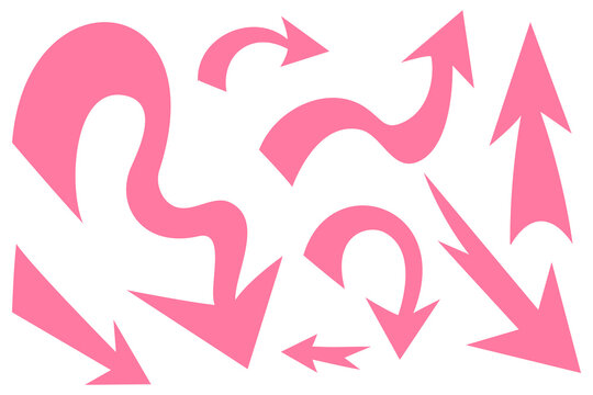 Pink decorative arrow collection featuring curved and wavy arrows. Bold directional pointers, hand drawn arrow shapes, perfect for social media graphics, infographics, posters, presentations. PNG