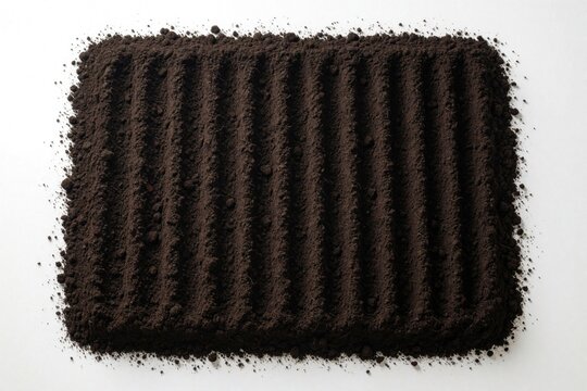 Aerial view of fertile black soil with parallel ridges prepared for planting. Dark organic earth texture on white background. Rich moist topsoil layer ready for agriculture, gardening, crop growth.
