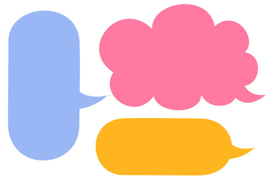 Colorful blue, pink, yellow speech bubbles with rounded cartoon shapes and blank copy space PNG. Perfect for comic strips, social media posts, presentations, advertisements, and creative templates 