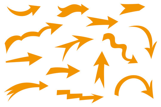 Yellow curved and straight arrow collection with hand drawn shapes, directional pointers, circular arrows, ideal for infographics, flowcharts, business presentations, maps, diagrams, navigation. PNG