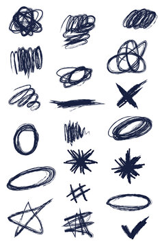Navy blue hand drawn doodle collection with scribbles, stars, circles, crosses, check marks. Ideal for notes, planners, annotations, school projects, social media graphics, presentation. High-res PNG 