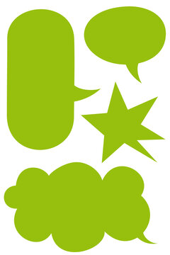 Green comic speech bubbles, thought bubbles, starburst shapes with blank copy space. Ideal for cartoon dialogue, comic books, social media posts, advertisements, stickers, comic strips, websites. PNG
