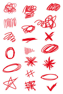 Red hand drawn doodle collection featuring scribbles, stars, circles, crosses, check marks, and sketchy shapes, ideal for annotations, planners, social media posts, stickers, creative designs. PNG