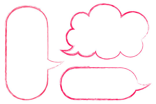 Pink hand drawn speech bubble outline collection with blank comic dialogue boxes, perfect for social media posts, comic strips, stickers, chat graphics, quote templates, speech balloon designs. PNG