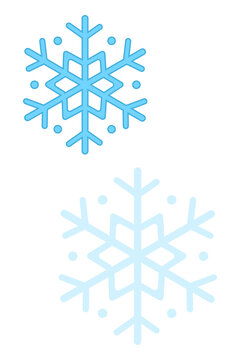 Blue snowflake icon set featuring two symmetrical snow crystals in dark and light blue. Ideal for Christmas cards, winter patterns, holiday invitations, weather graphics, seasonal backgrounds. PNG