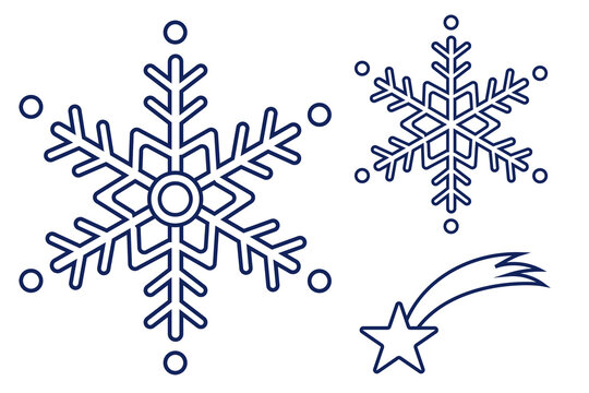 Navy blue winter illustration with intricate snowflakes and a shooting star. Perfect for Christmas cards, winter invitations, holiday posters, seasonal patterns, greeting cards. High-res PNG, outline