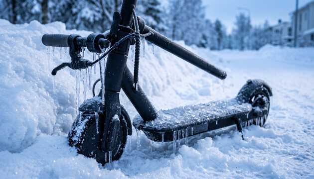 Electric scooter stands frozen in snow with ice and icicles during winter