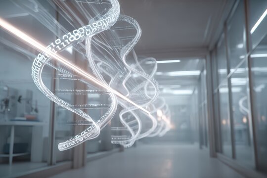 Floating DNA double helix morphing into binary code inside clean laboratory corridor under soft white and blue lighting, semi-transparent glowing molecular strands