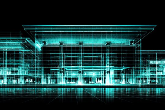 Holographic cyan wireframe projection of modern architectural house in studio scene with reflective foreground and layered grid composition that emphasizes structure and perspective view