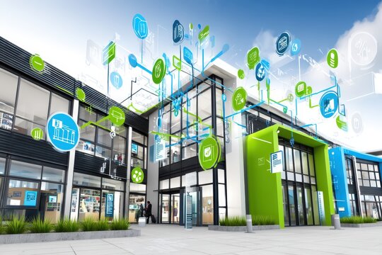 Modern office building with glass facade and holographic connectivity icons overlayed to suggest smart building technology and digital networking concept at exterior entrance of commercial workspace