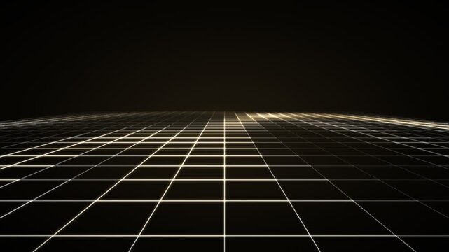 Digital grid landscape with glowing lines receding into darkness, representing data flow and virtual reality