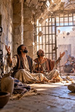 Paul and Silas sing praises in an ancient prison cell as a miraculous earthquake brings deliverance, captured in a wide shot.