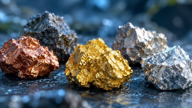 Valuable raw materials: gold nugget, copper, silver, platinum, and iron ore chunks displayed on a dark surface for industry and finance.
