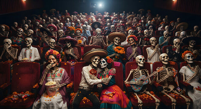 Cine Teatro lleno de espactodores esqueletos del D&iacute;a de Muertos