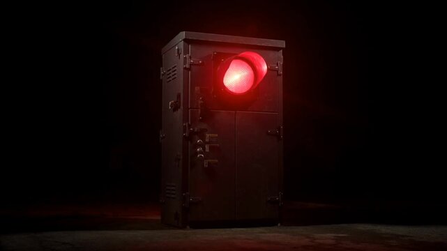 Red traffic control box with red light flashing glowing in dark black background road signal danger stop warning loop