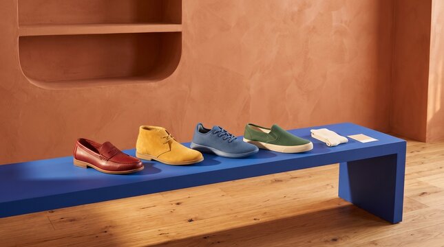 Colorful seasonal footwear assortment on showroom bench