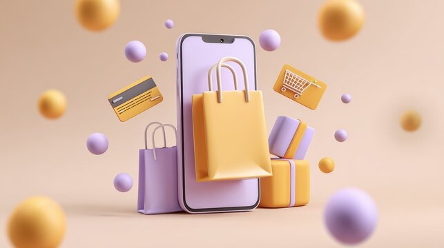 Minimal abstract background for online shopping e-commerce concept. Search bar surrounded with floating elements on blue background. 3d vector illustration