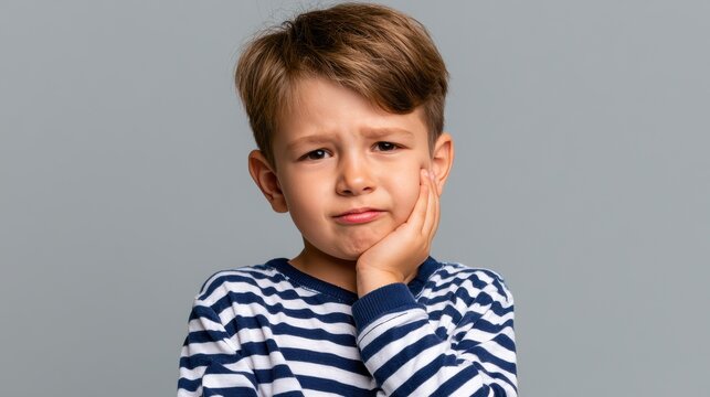 little boy presses hand to cheek, suffers from pain in tooth isolated on gray studio background. Teeth decay, dental problems, child emotions and facial expression