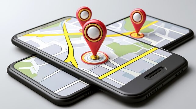 Smartphone with map, 3D Map pins, GPS, navigator pin checking points, 3D World Map icon, technology and application mobile smart phone with mobile, delivery tracking, transportation, generate by AI