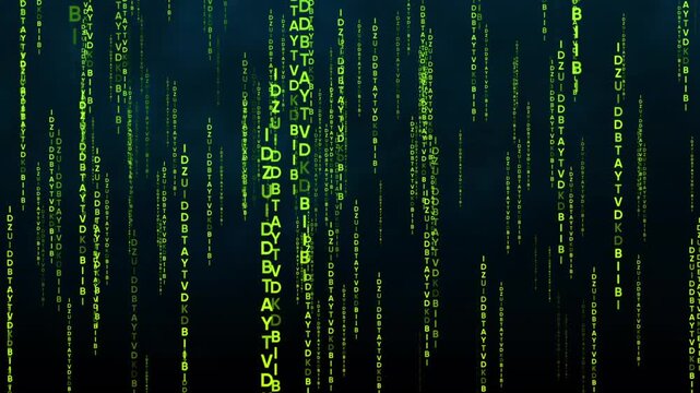 Digital matrix rain background: green falling code streams, abstract cyber security and data technology motion