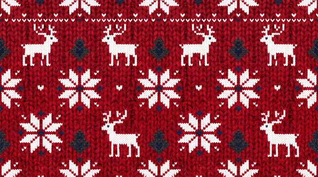 Red knitted Christmas sweater pattern featuring white deers and snowflakes for winter holiday background