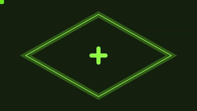 Minimalist green diamond geometric motion with pulsing plus sign symbol abstract animation background