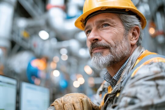 Mature industrial operator in safety helmet and reflective vest inside power plant control area, close-up portrait showing focused expression and work gloves visible