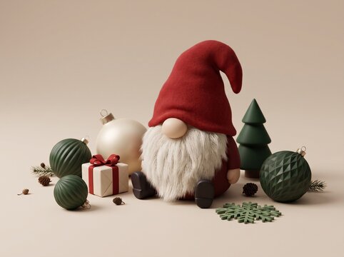 Festive christmas gnome with ornaments and gifts on a neutral background holiday season decoration