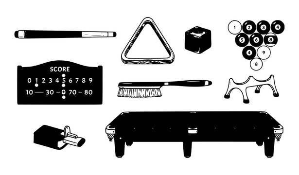 Minimal Billiards Equipment Vector Icon Collection Featuring Pool Cues, Balls, Chalk, Triangle Rack and Scoreboard